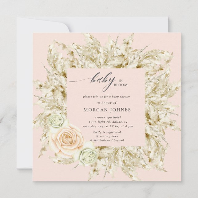 bebê no convite de chá de fraldas boêmico floresce (Frente)