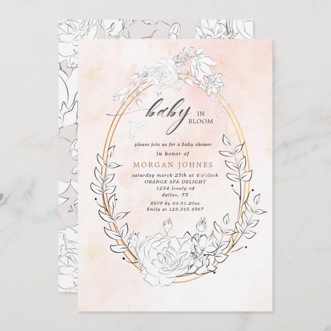 bebê no convite floral de chá de fraldas floral (Frente/Verso)