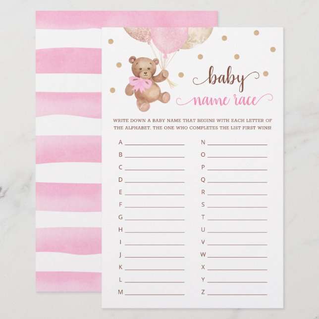 Bebê Race Game Chá de fraldas Teddy Bear (Frente/Verso)