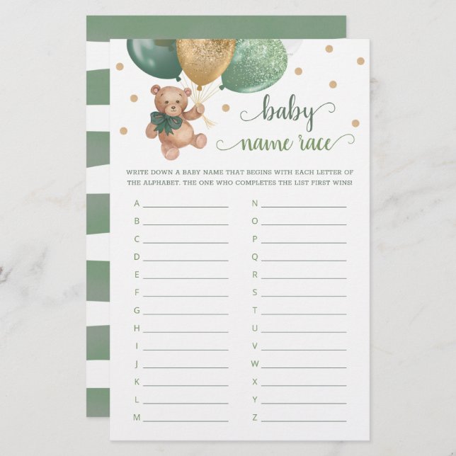 Bebê Race Game Chá de fraldas Teddy Bear (Frente/Verso)