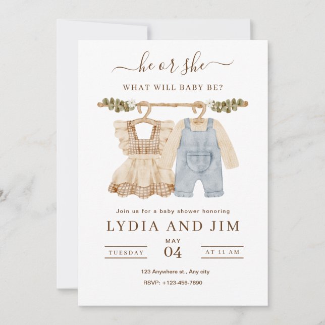 Bebê Roupas Gênero Revelar Convite, Boho Baby (Frente)