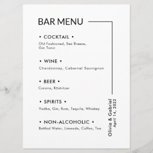 Bebidas De Casamento. Menu Simples de Bar Moderno