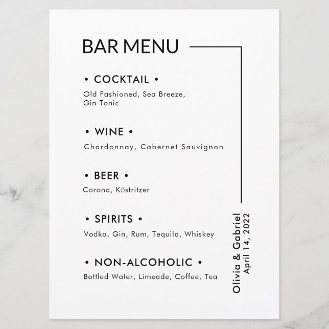 Bebidas De Casamento. Menu Simples do Bar Moderno (Frente)
