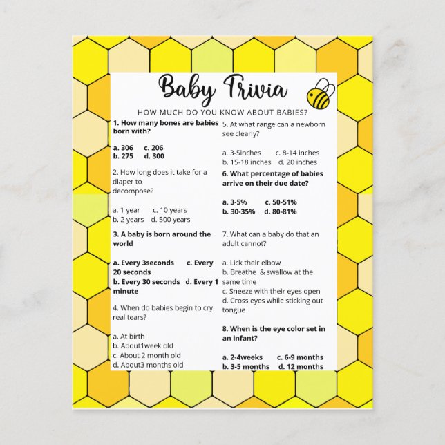 Bee Baby Trivia | Jogo Chá de fraldas (Frente)