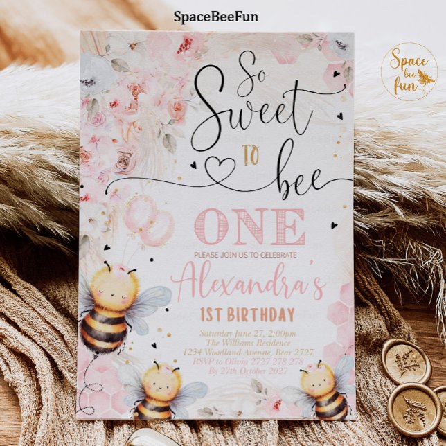 Bee Honey Birthday convite Para Menina Bee Festa d (Bee Honey Birthday invitation Boho Pampas Grass Girl Bee Honey Party Pink So Sweet to Bee invites On)