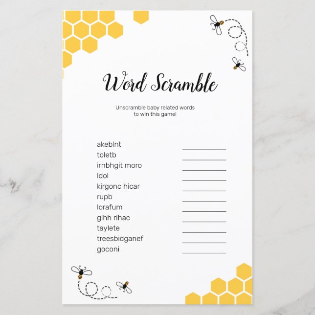 Bee Watercolor Word Scramble Game (Frente)