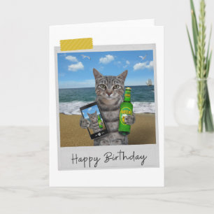 Beer Beach Tabby Cat Engraçado Cartão de Aniversár