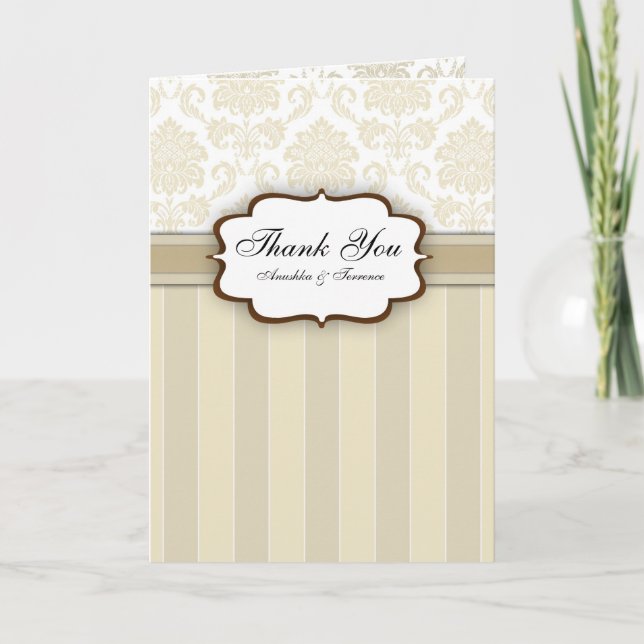 Bege Damask Listrado Casamento Agradecimento (Frente)