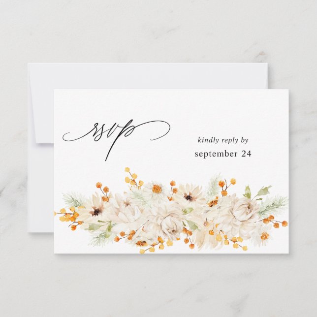 Bege e Floral Laranja com RSVP de Refeição (Frente)