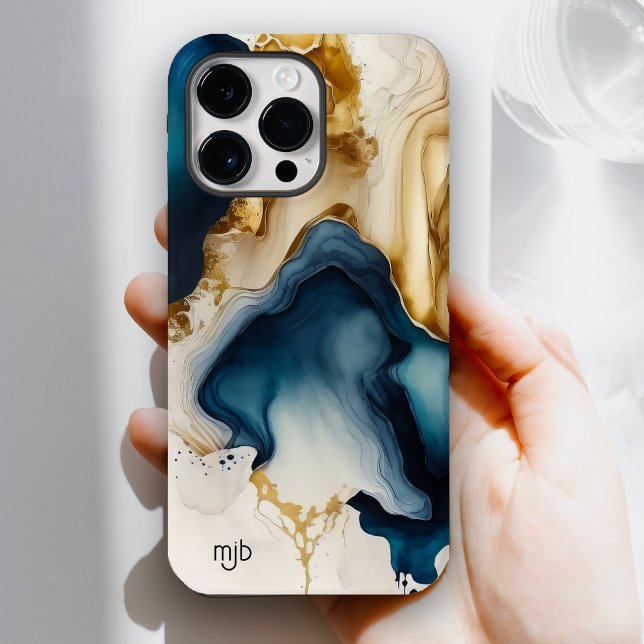 bege-marinho e lavagem de tinta castanha com monog (Get this modern artistic ink wash case for your smart phone. Personalize with your monogram or name.)