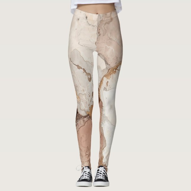 Beige and White Marble Abstract design Leggings (Frente)