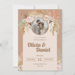 Beige Boho Watercolor Flowers Convite De Casamento