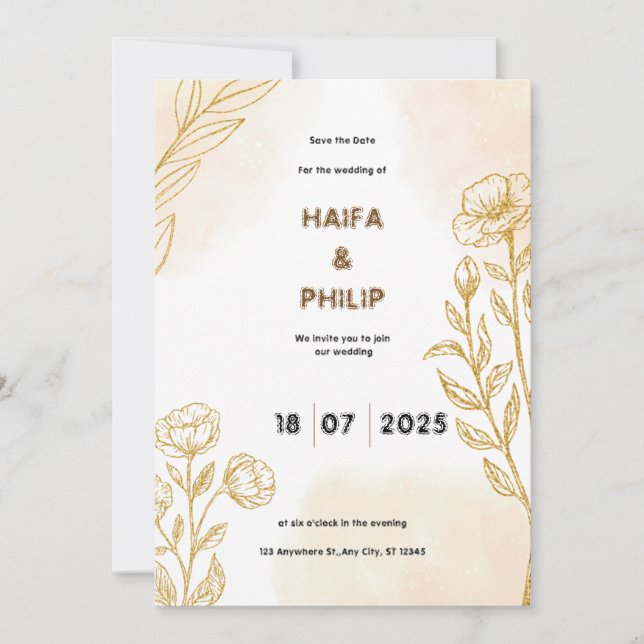 Beige Dourado Floral Delicate Convite Para Casamen (Frente)