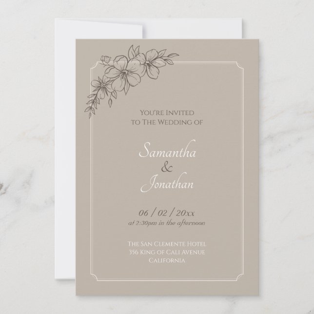 Beige Elegante com Convite para Casamento de Flor  (Frente)