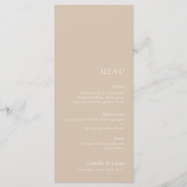 Beige elegante Menu Casamento (Frente)