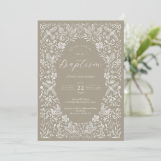 Beige Floral Birdie Baby Baptism Convite