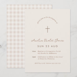 Beige Gingham Baptism Christening Convite Crucial