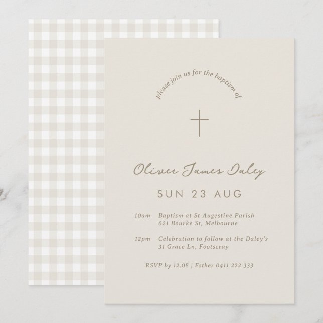 Beige Gingham Baptism Christening Convite Crucial (Frente/Verso)