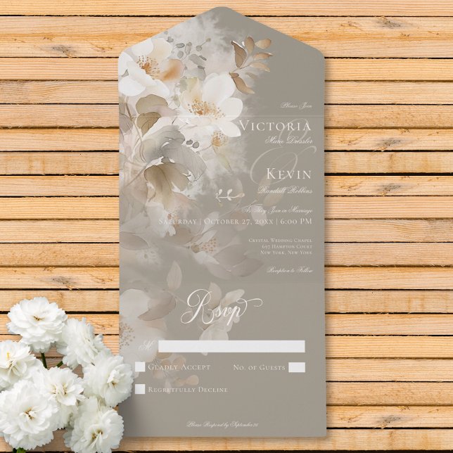 Beige Neutro Romântico Sem Janto (Romantic Ethereal Neutral Beige Floral No Dinner All In One Invitation)