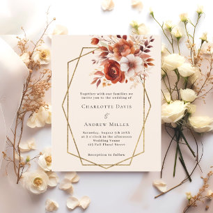 Beige orange florals convite geométrico para o cas