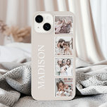 Beige Personalizado de Colagem de Fotos Personaliz<br><div class="desc">Crie sua própria capa de telefone personalizada de colagem de 4 fotos com suas imagens personalizadas em um simples plano de fundo bege de tendência. O rosto da capa de telefone também apresenta seu nome. Adicione suas fotos,  designs ou trabalhos de arte favoritos para criar algo realmente único.</div>
