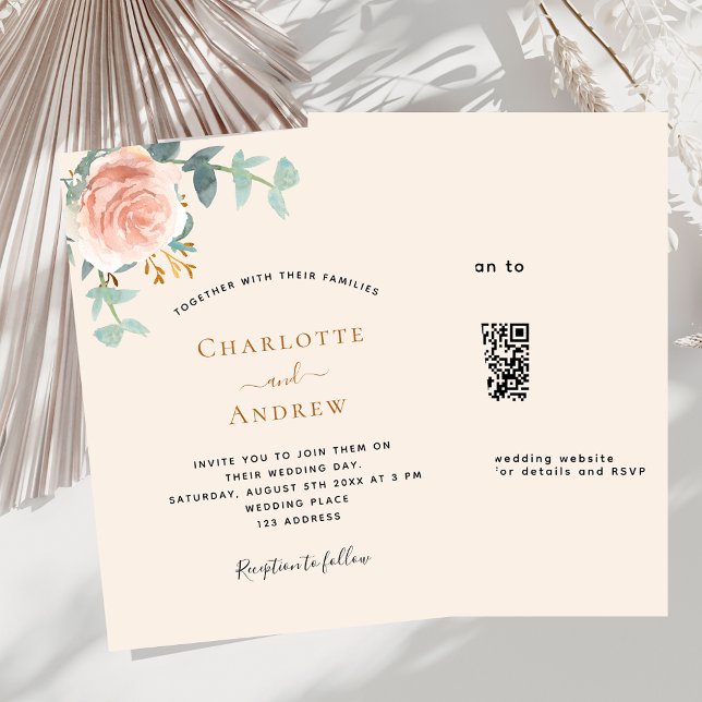 Beige rosa floral com código QR RSVP convite para  (Criador carregado)