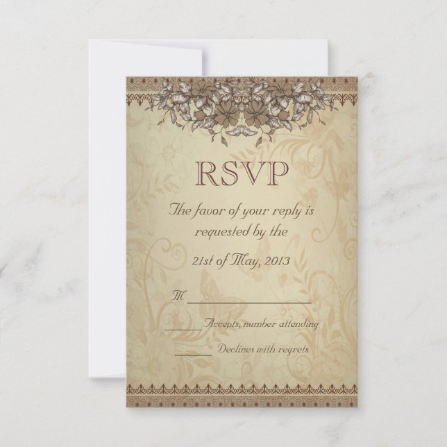 Beige Vintage Lace Wedding RSVP (Frente)