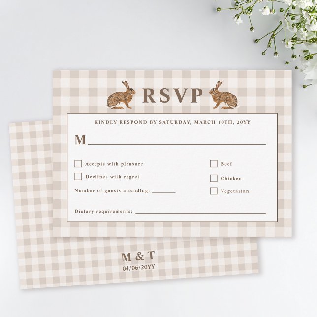 Beige Woodland Hare Bunnies Wedding RSVP Card (Criador carregado)