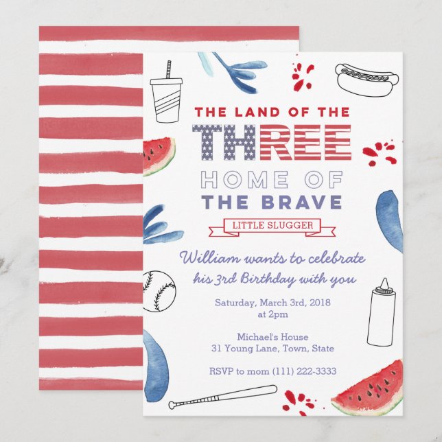 Beisebol Terceiro Convite de Aniversário, cachorro (Frente/Verso)