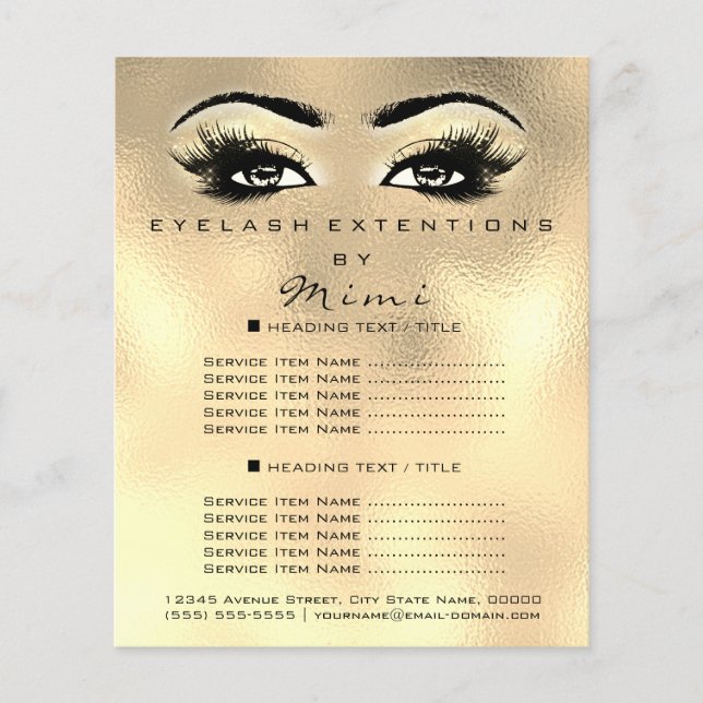 Bela Artista Makeup Salon Lashes Flyer Faux Dourad (Frente)
