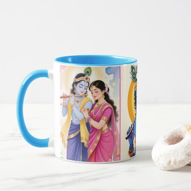 Bela Caneca de Café com Acento Azul Radha Krishna  (Com Donut)