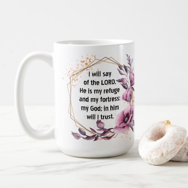 Bela Caneca de Café Floral Salmo 91 (Com Donut)