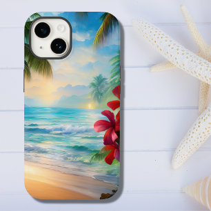 Bela praia tropical, palmeiras e flores