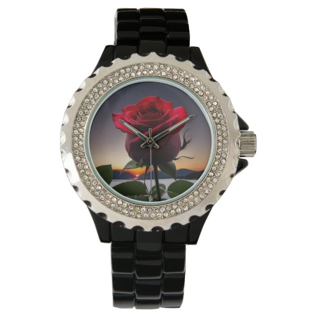 Bela Rosa e relógio de design personalizado sunset (Frente)