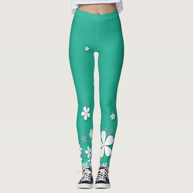 belas e bonitas flores brancas leggings verdes (Frente)