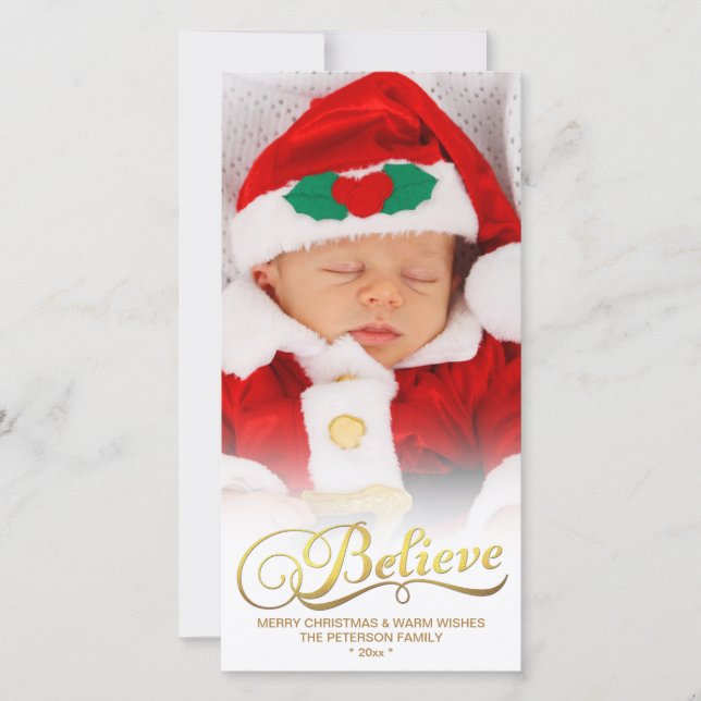 BELIEVE Faux Gold Foil Cartões de foto de Natal (Frente)