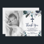 Belo Batismo Floral Azul Marinho Obrigado Cartões<br><div class="desc">Belo, elegante Marinho de roteiro Blue Christening e Baptism agradeço as cartas. Envie obrigados para a família e amigos com este obrigado personalizado moderno, seu cartão plano religioso. Ele apresenta o roteiro manuscrito "Obrigado", marinho azul e branco de rosa de aquarela em fundo branco. Ao fundo de pequenos corações em...</div>