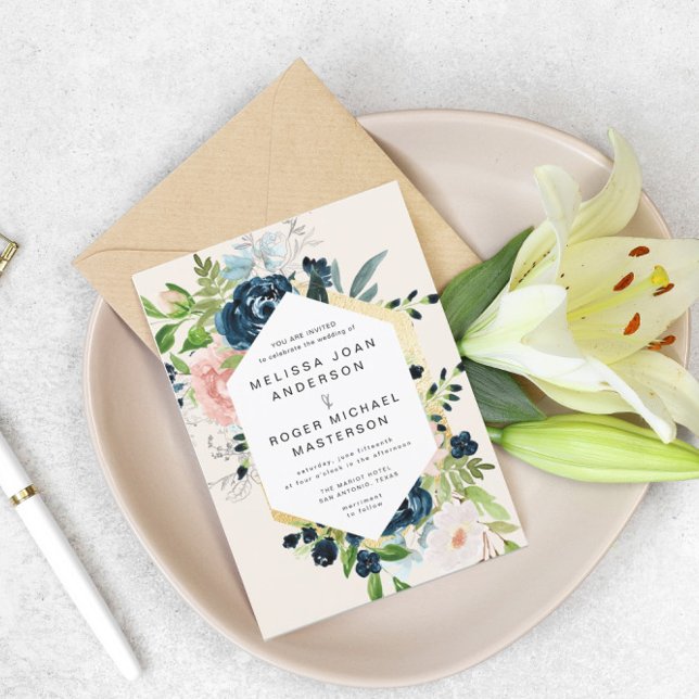 belo blues de ouro floral Convite para Casamento (Criador carregado)