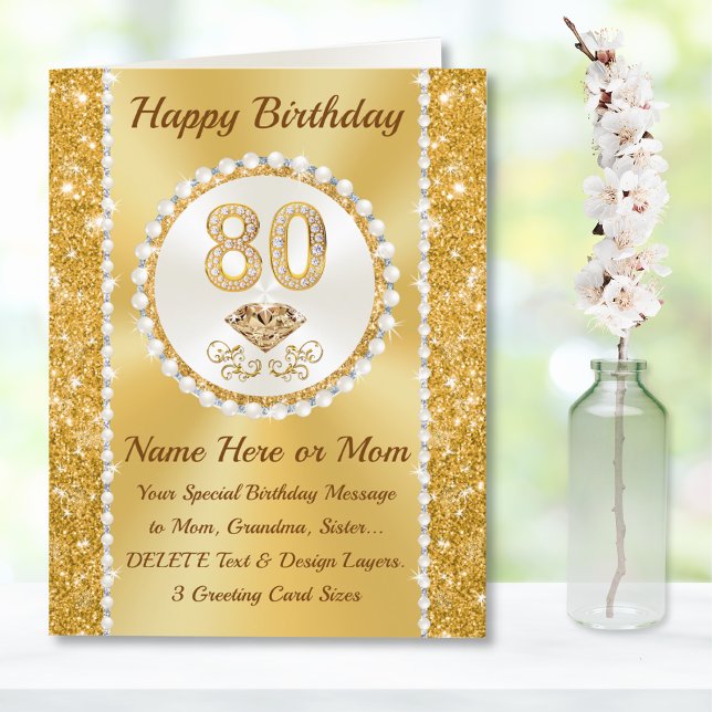 Belo cartão de aniversário de 80 para a mãe, vovó, (Birthday cards for 80 year old woman. Sister 80th birthday card. Personalised 80th birthday cards.)