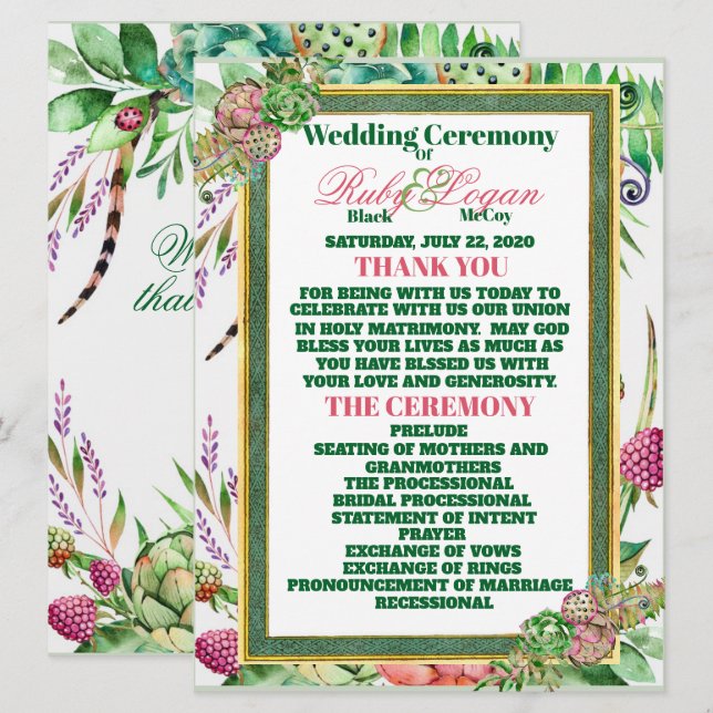 Belo Cartão de Cerimônia de Casamento de Suculento (Frente/Verso)