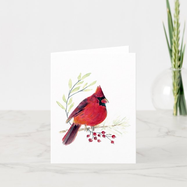Belo Cartão de Nota Cardinal Vermelho (Beautiful Red Cardinal Berries Watercolor Blank Note Card by Jenn Steffen Art)