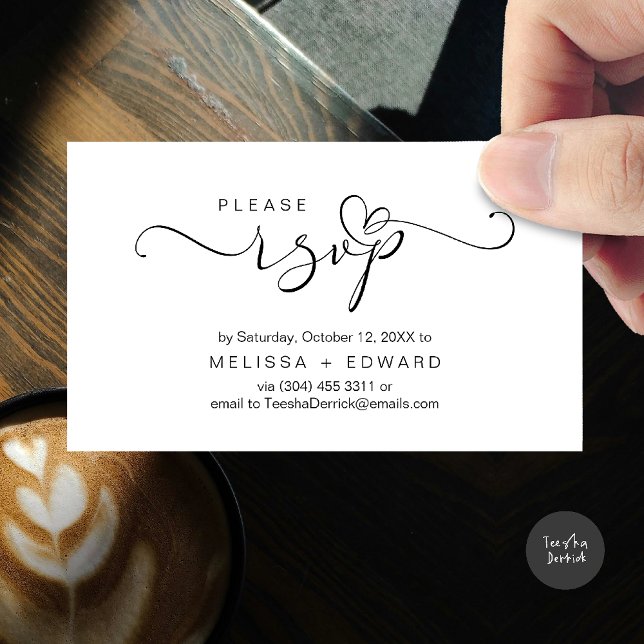 Belo cartão RSVP de Convites de casamento Romântic (Wedding invitation RSVP via Phone or email respond reminder Enclosure Card in aesthetic White Black)