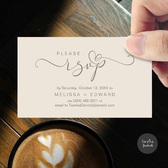 Belo cartão RSVP de Convites de casamento Romântic (Wedding invitation RSVP via Phone or email respond reminder Enclosure Card in aesthetic Cream Grey)