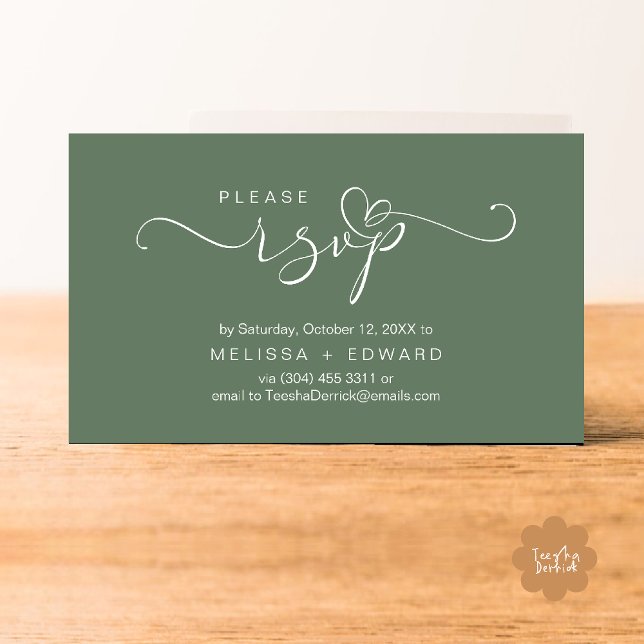 Belo cartão RSVP de Convites de casamento Romântic (Wedding invitation RSVP via Phone or email respond reminder Enclosure Card in aesthetic Sage Green)