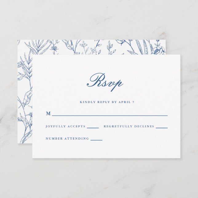 Belo Casamento Clássico Azul Floral Rsvp (Frente/Verso)