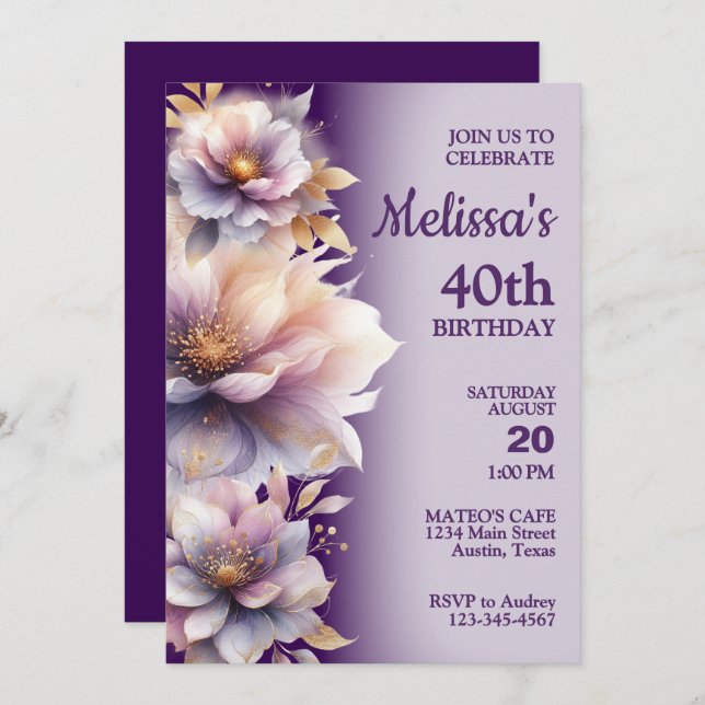 Belo Convite de aniversário de Flores de Pastel (Frente/Verso)