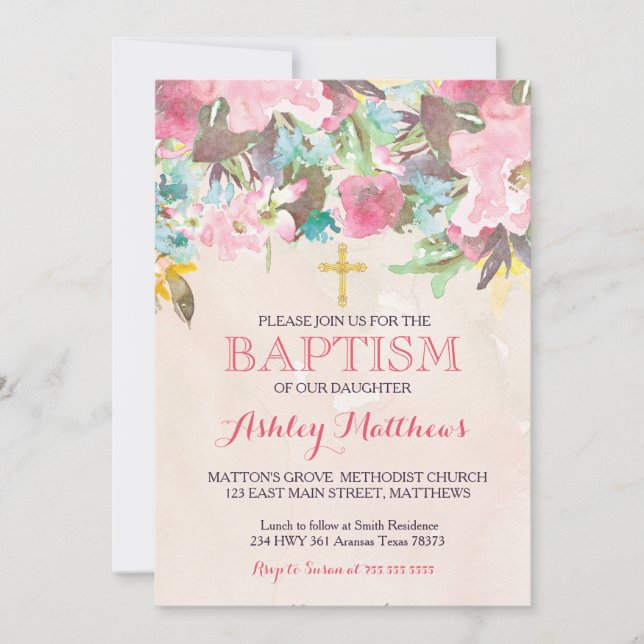 Belo Convite Floral BAPTISM Rosa Rosa (Frente)