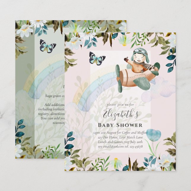 Belo divertimento Piloto Bebês Chás Convites (Frente/Verso)