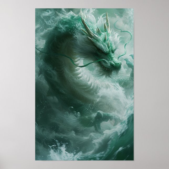 Belo Dragão Verde e Branco Nadando Poster (Frente)