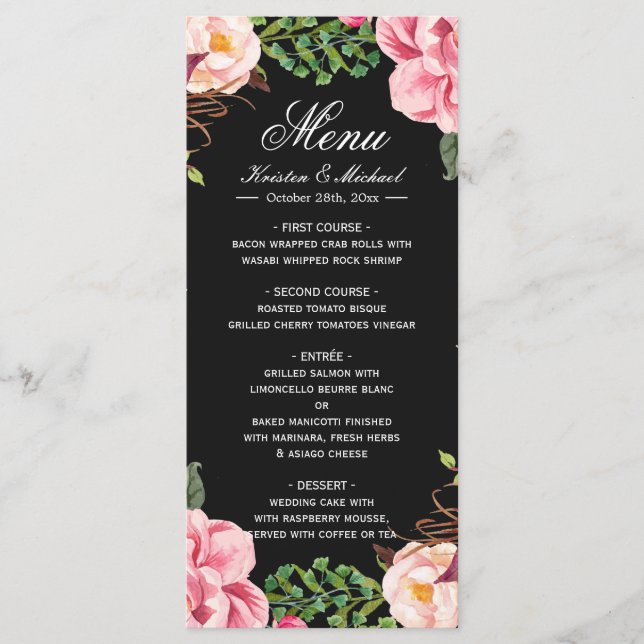 Belo Menu de Casamento Floral Rosa Romântico (Frente)